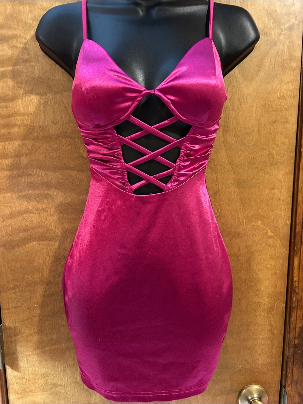 Fuchsia Lace-Up Bodycon Dress - Spaghetti Strap- Homecoming